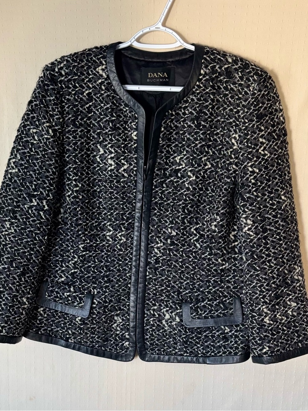 Dana Buchman Black and White Tweed Collarless Jacket with Faux Leather Trim  14